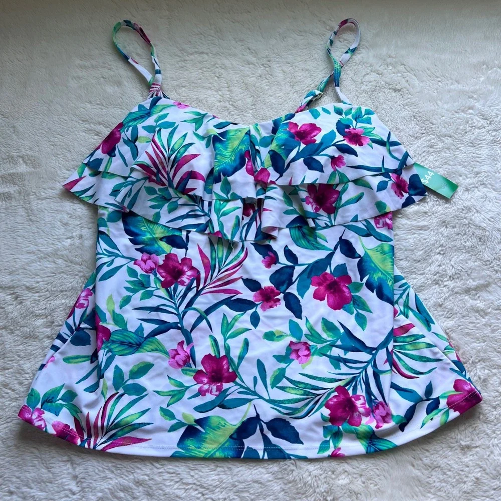 Riviera Womens Swim Tropical Floral Ruffle Tankini Top White Pink Green Large